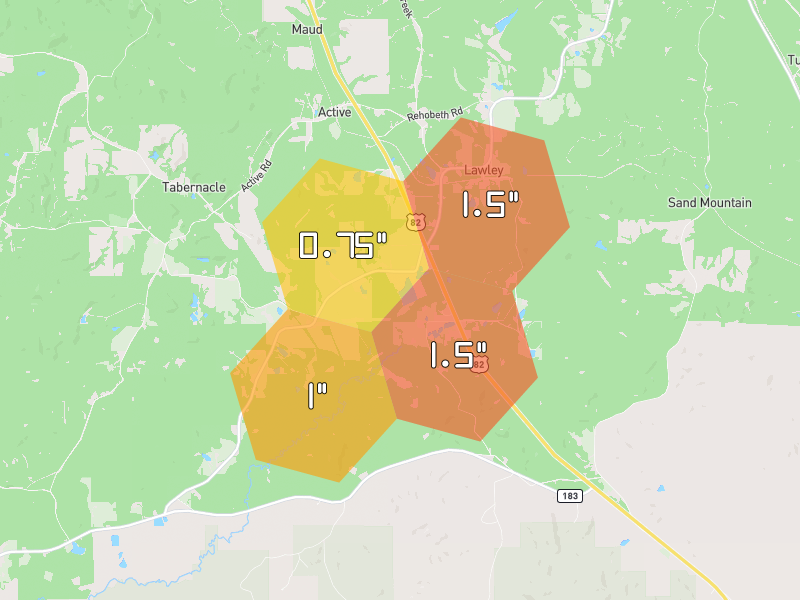 Hail map of Lawley, AL on Jul 6, 2026, hail up to 1.5"