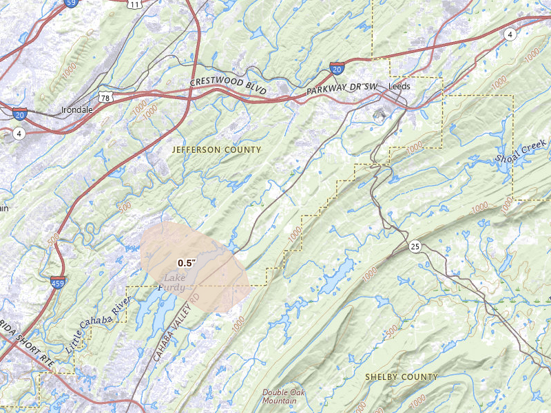 Radar-estimated hail-size map of the storm over Leeds, AL on Jun 19, 2026