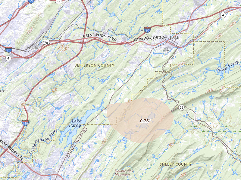 Radar-estimated hail-size map of the storm over Leeds, AL on Jun 20, 2026
