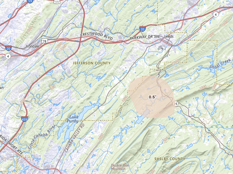 Radar-estimated hail-size map of the storm over Leeds, AL on Jul 27, 2026