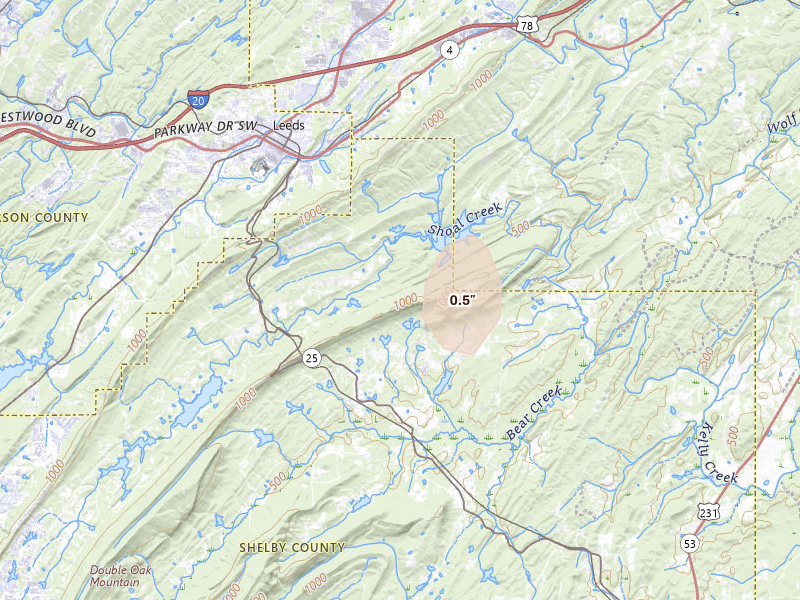 Radar-estimated hail-size map of the storm over Leeds, AL on Aug 8, 2026