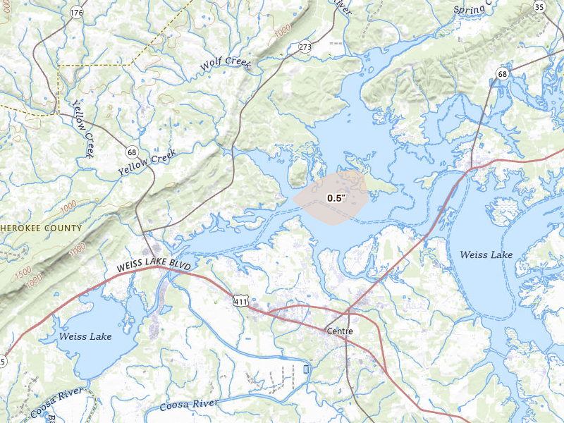 Radar-estimated hail-size map of the storm over Leesburg, AL on Jun 9, 2026