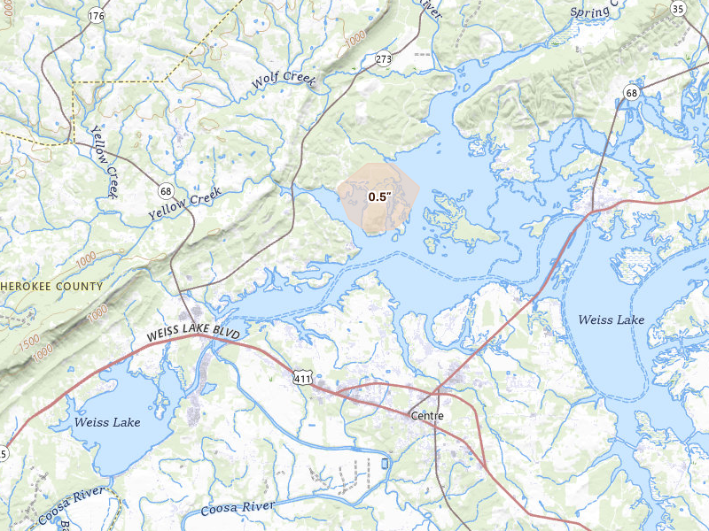Radar-estimated hail-size map of the storm over Leesburg, AL