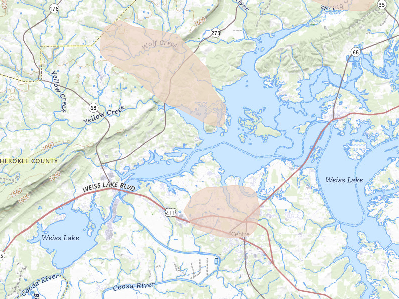 Radar-estimated hail-size map of the storm over Leesburg, AL on Aug 11, 2026