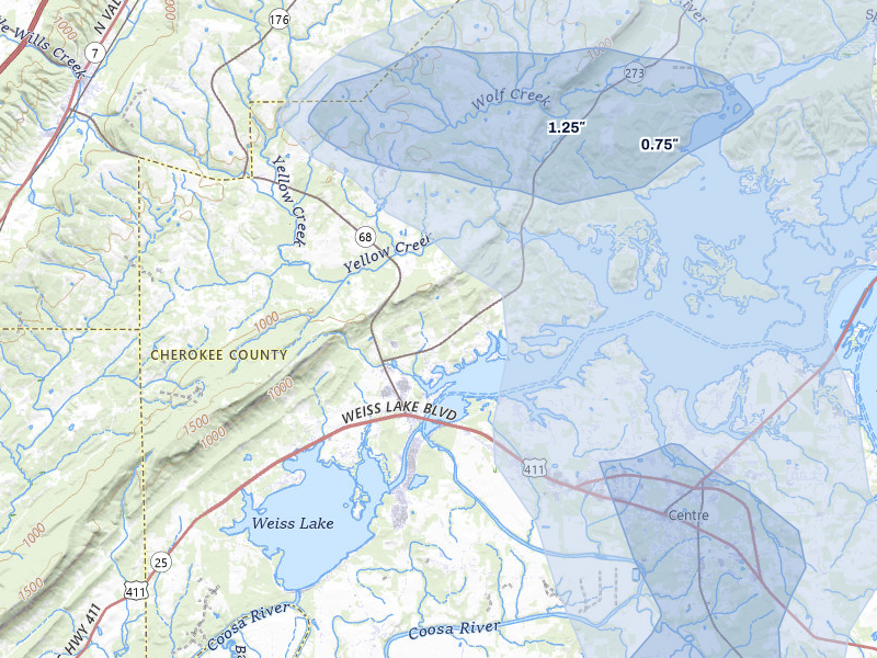 NEXRAD radar-signature map of the hail storm over Leesburg, AL on Aug 11, 2026