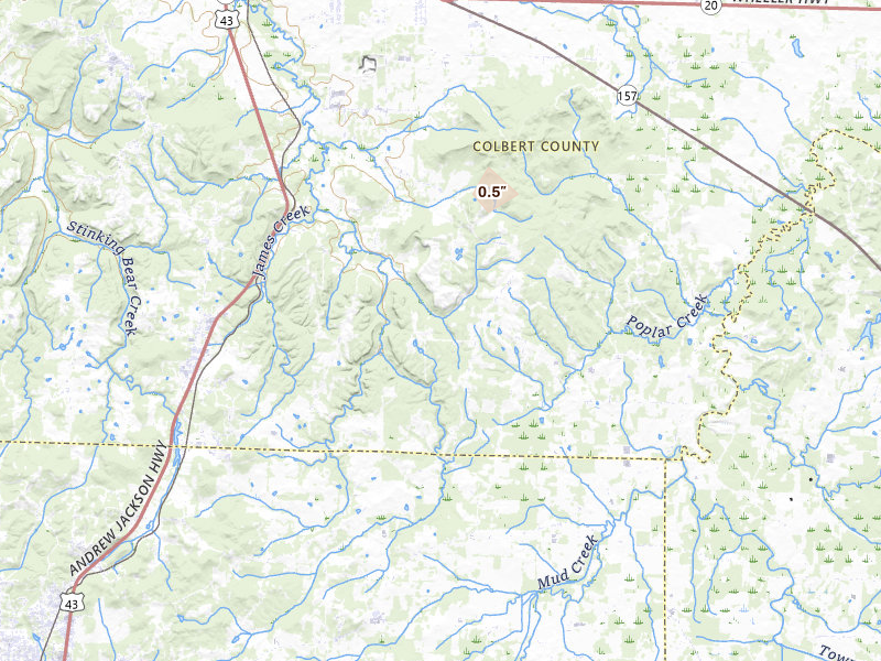 Radar-estimated hail-size map of the storm over Leighton, AL on Aug 8, 2026