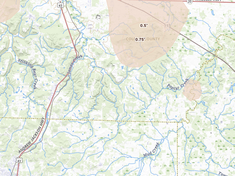 Radar-estimated hail-size map of the storm over Leighton, AL on Aug 9, 2026
