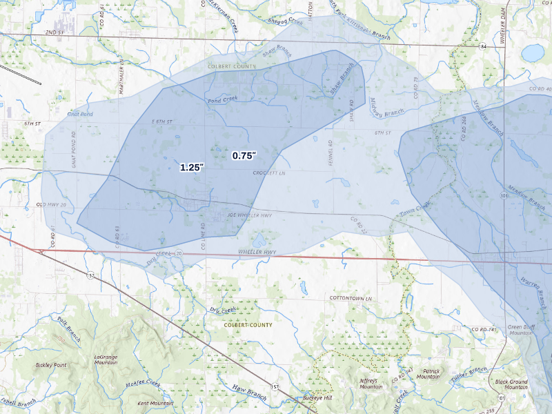 NEXRAD radar-signature map of the hail storm over Leighton, AL on Aug 26, 2026