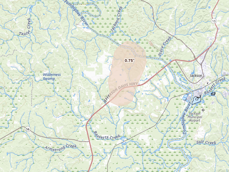 Radar-estimated hail-size map of the storm over Leroy, AL on Jun 2, 2026