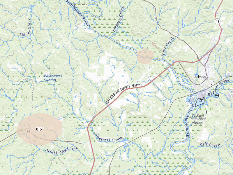 Radar-estimated hail-size map of the storm over Leroy, AL on Jun 19, 2026