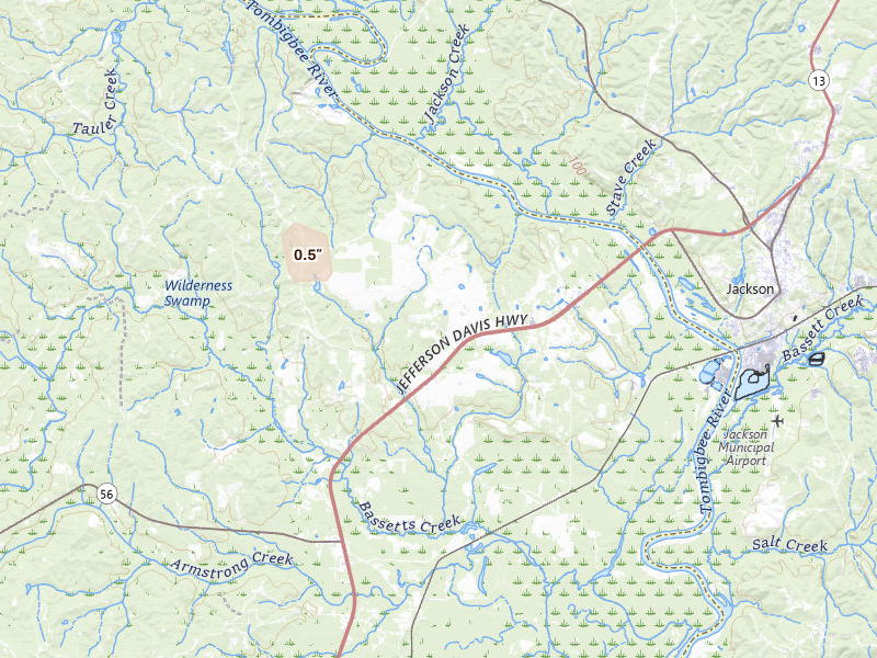 Radar-estimated hail-size map of the storm over Leroy, AL on Aug 9, 2026