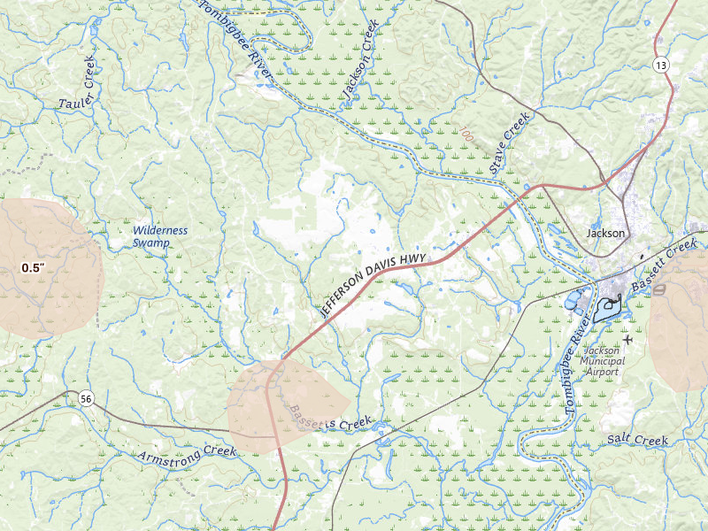 Radar-estimated hail-size map of the storm over Leroy, AL on Aug 21, 2026