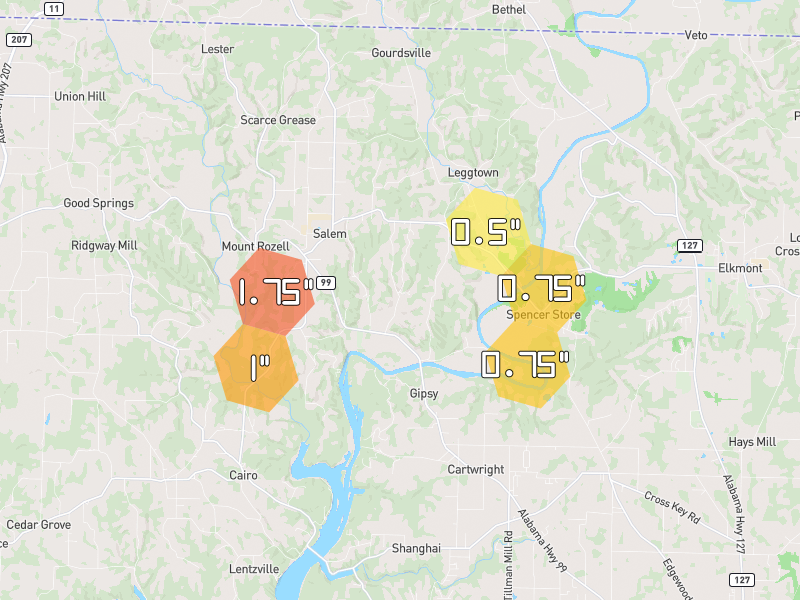 Hail map of Lester, AL on Jul 1, 2026, hail up to 1.75"