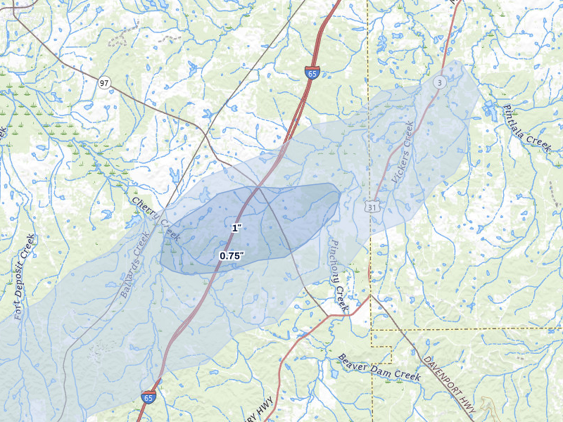 NEXRAD radar-signature map of the hail over Letohatchee, AL