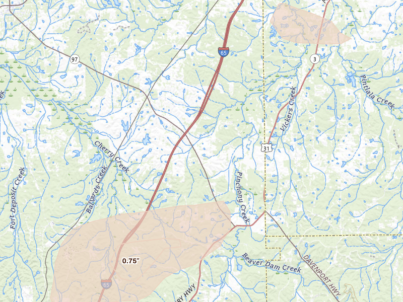 Radar-estimated hail-size map of the storm over Letohatchee, AL on Jun 30, 2026