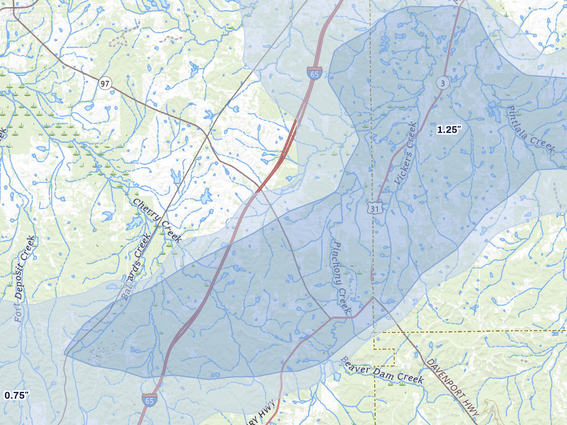 NEXRAD radar-signature map of the hail over Letohatchee, AL