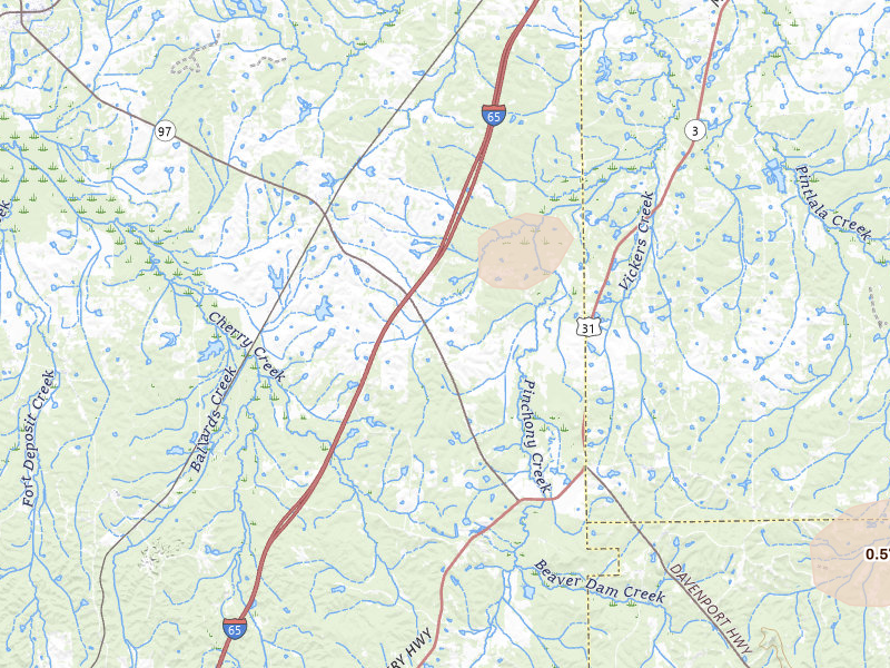 Radar-estimated hail-size map of the storm over Letohatchee, AL on Jul 10, 2026