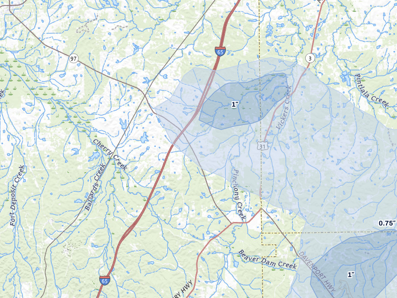 NEXRAD radar-signature map of the hail over Letohatchee, AL