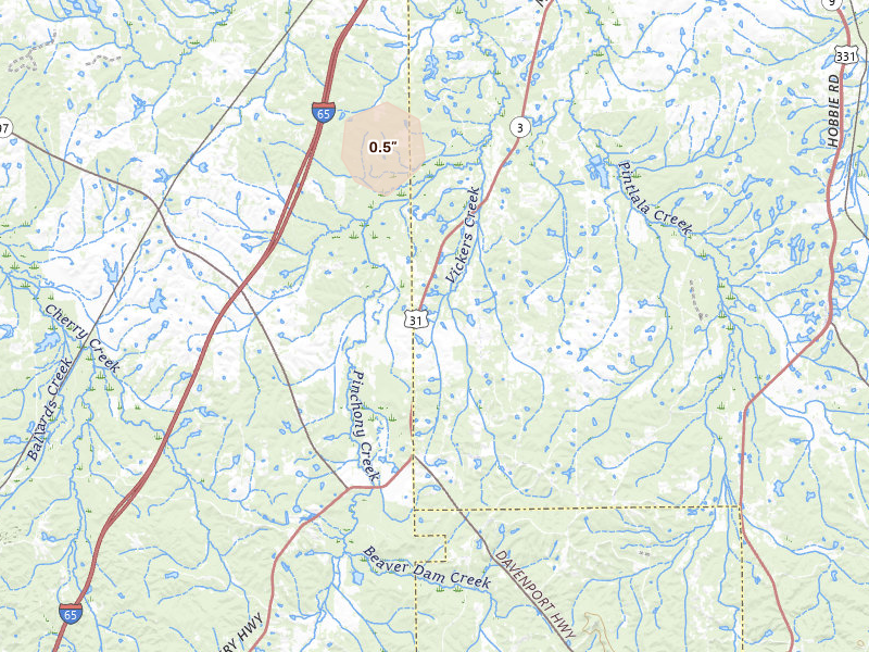 Radar-estimated hail-size map of the storm over Letohatchee, AL on Aug 15, 2026