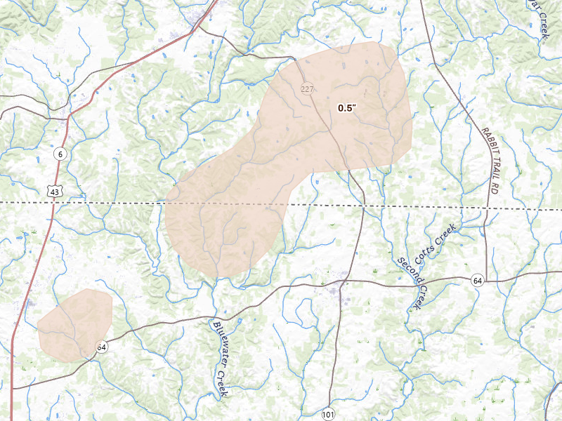 Radar-estimated hail-size map of the storm over Lexington, AL on Mar 15, 2026