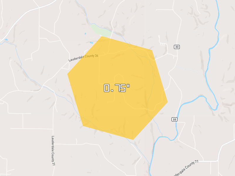Hail map of Lexington, AL on Jun 1, 2026, hail up to 0.75"