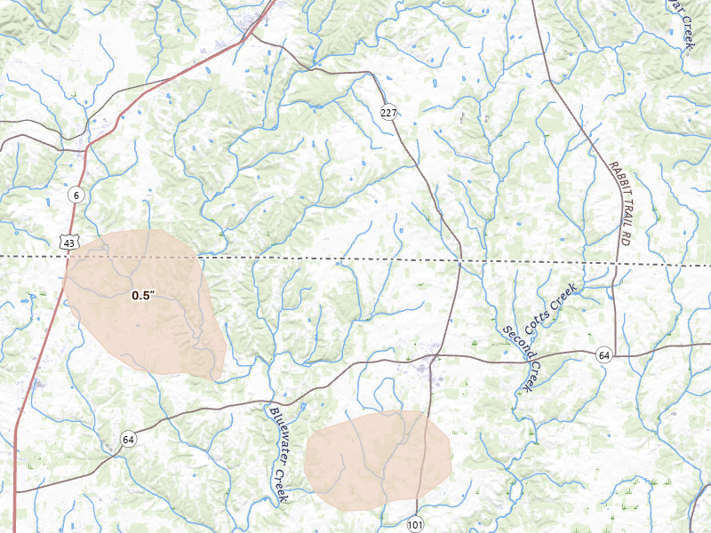 Radar-estimated hail-size map of the storm over Lexington, AL on Jul 9, 2026