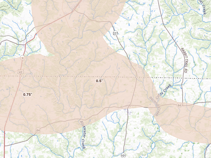Radar-estimated hail-size map of the storm over Lexington, AL on Aug 20, 2026