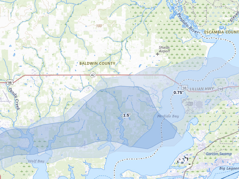 NEXRAD radar-signature map of the hail storm over Lillian, AL on Mar 15, 2026