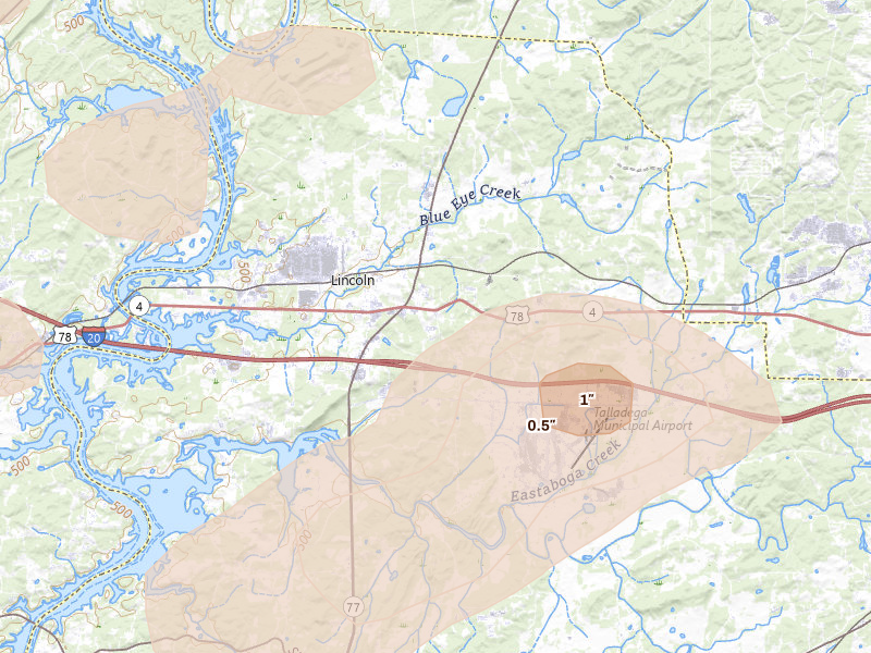 Radar-estimated hail-size map of the storm over Lincoln, AL on Jul 1, 2026