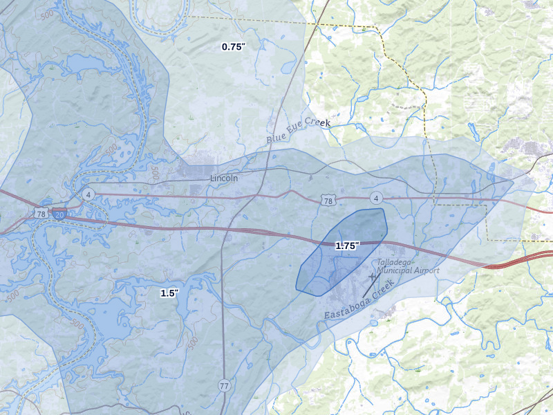 NEXRAD radar-signature map of the hail over Lincoln, AL