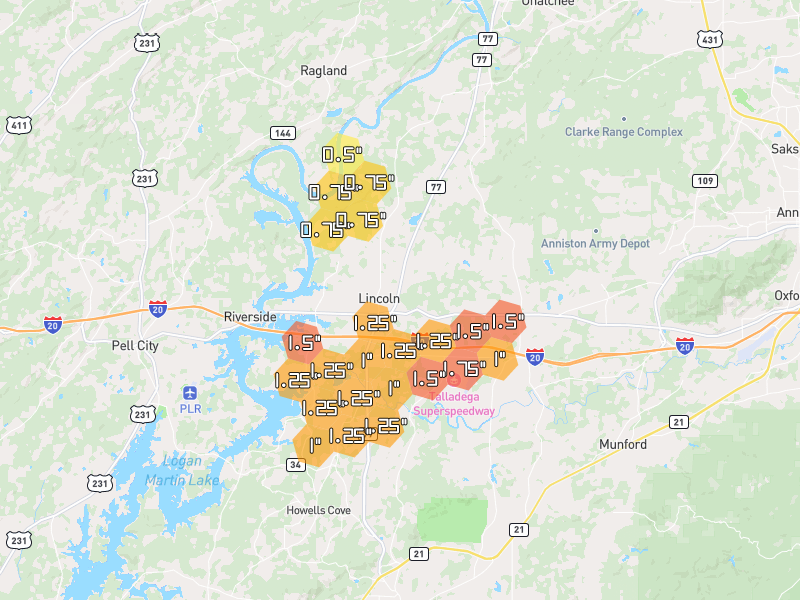 Hail map of Lincoln, AL on Jul 1, 2026, hail up to 1.75"