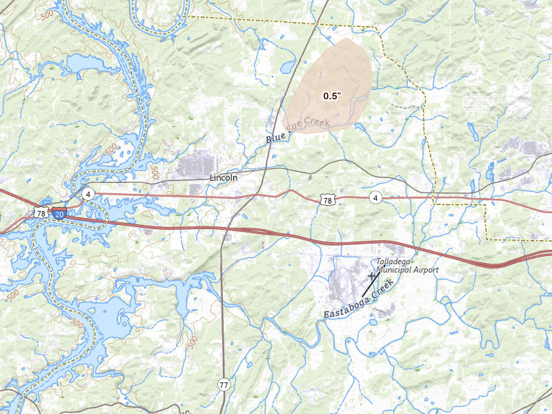 Radar-estimated hail-size map of the storm over Lincoln, AL on Jul 5, 2026