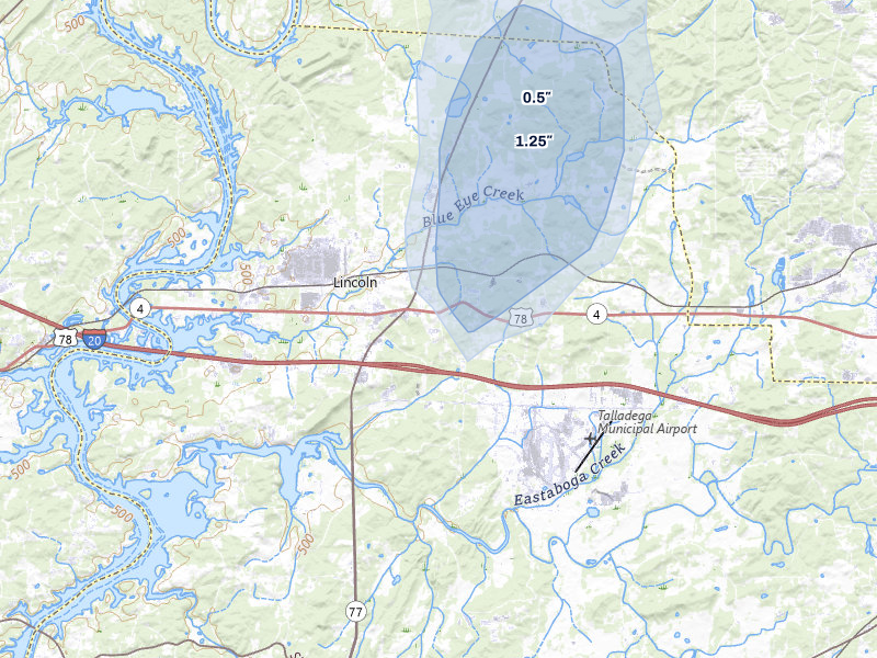 NEXRAD radar-signature map of the hail over Lincoln, AL