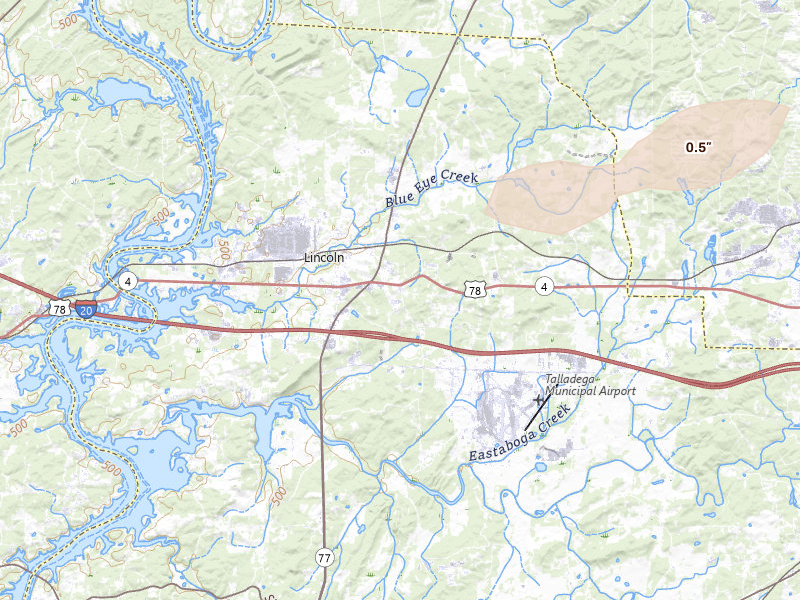 Radar-estimated hail-size map of the storm over Lincoln, AL on Jul 9, 2026