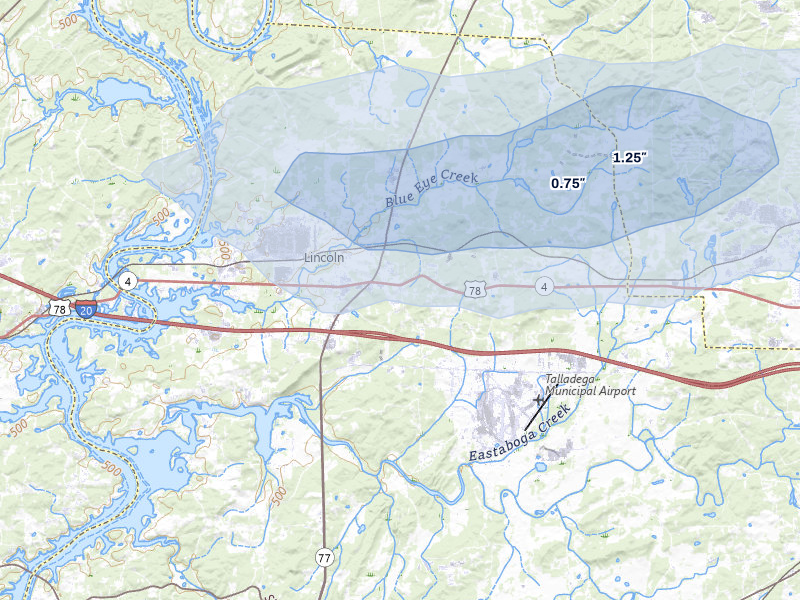 NEXRAD radar-signature map of the hail storm over Lincoln, AL on Jul 9, 2026