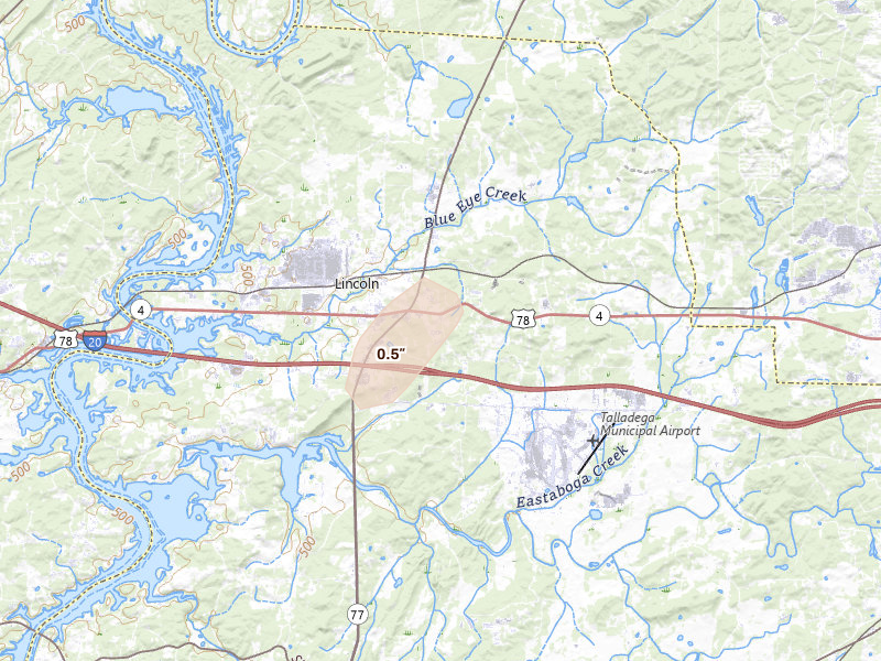 Radar-estimated hail-size map of the storm over Lincoln, AL on Aug 7, 2026