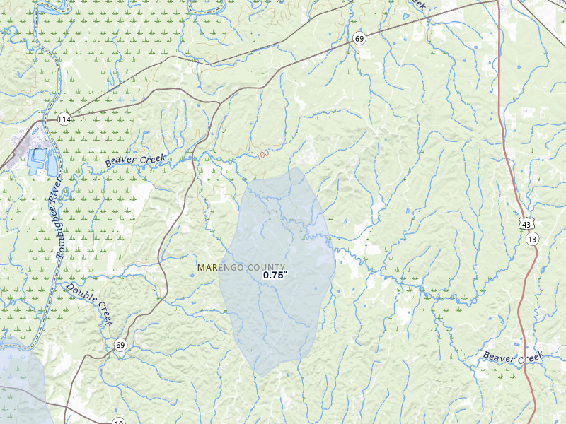 NEXRAD radar-signature map of the hail storm over Linden, AL on Jan 10, 2026