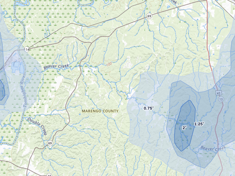 NEXRAD radar-signature map of the hail over Linden, AL