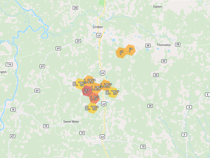 Hail map of Linden, AL on Jun 1, 2026, hail up to 2"