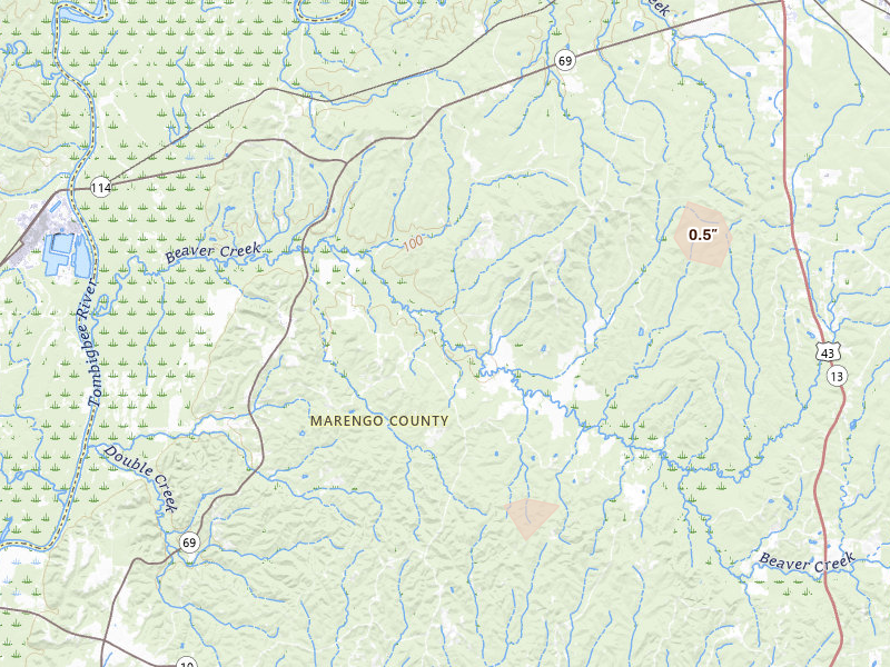 Radar-estimated hail-size map of the storm over Linden, AL on Jul 13, 2026