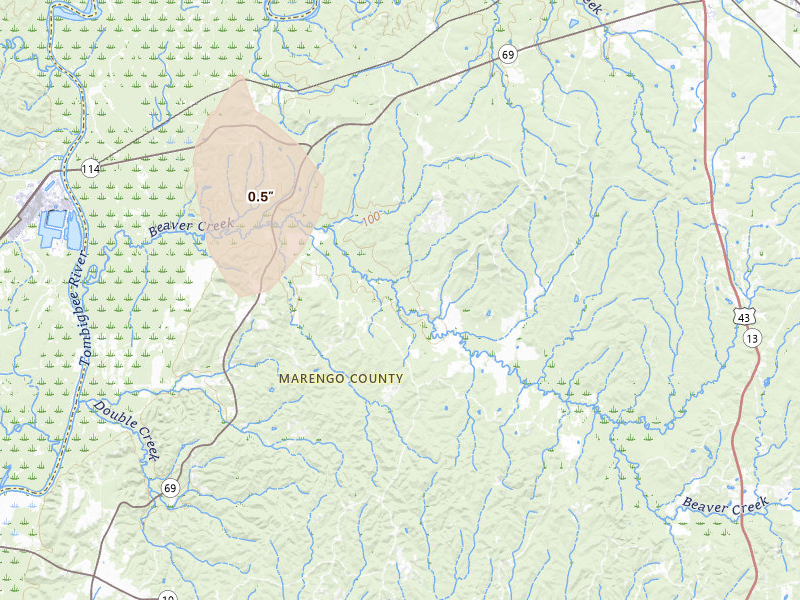 Radar-estimated hail-size map of the storm over Linden, AL on Jul 29, 2026