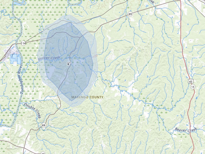 NEXRAD radar-signature map of the hail storm over Linden, AL on Jul 29, 2026