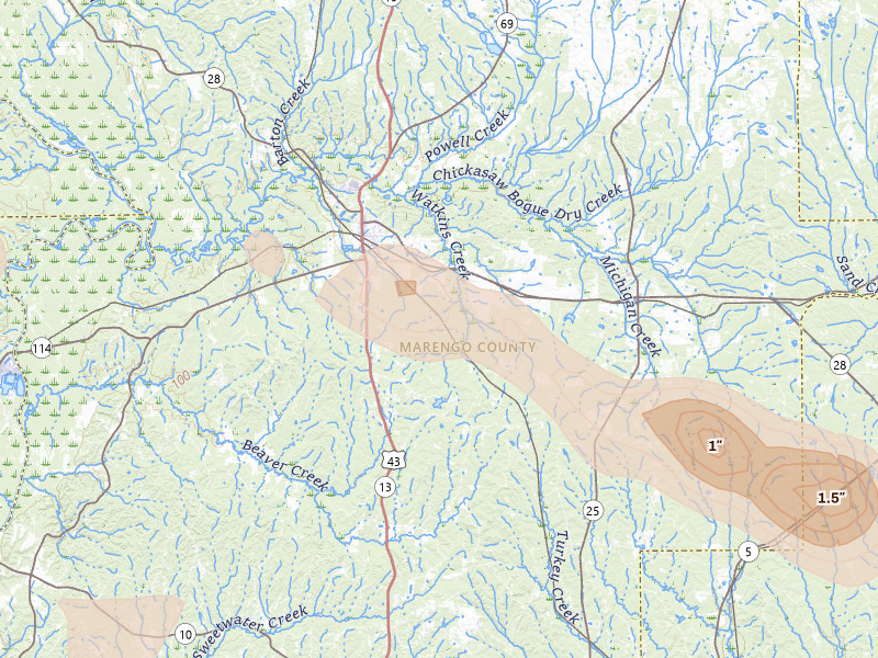 Radar-estimated hail-size map of the storm over Linden, AL on Aug 21, 2026