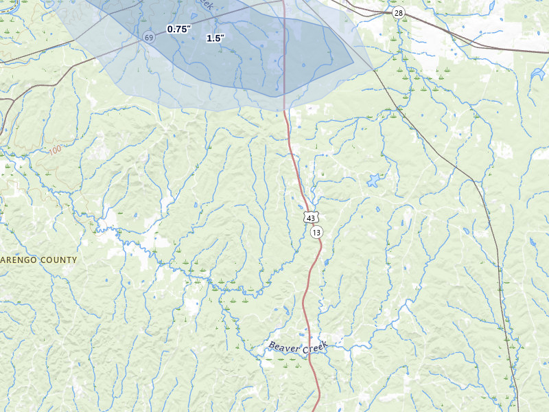 NEXRAD radar-signature map of the hail storm over Linden, AL on Aug 21, 2026