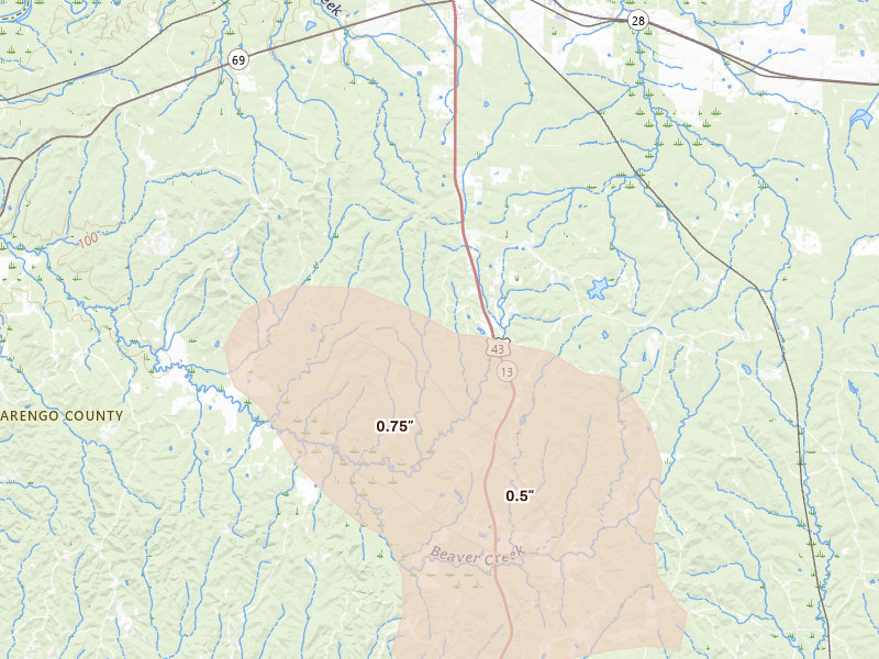Radar-estimated hail-size map of the storm over Linden, AL on Aug 24, 2026