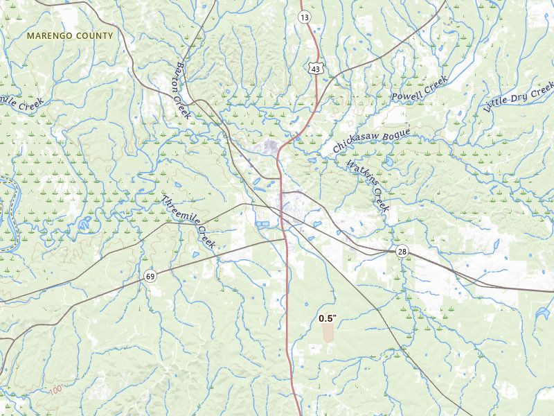 Radar-estimated hail-size map of the storm over Linden, AL on Sep 3, 2026