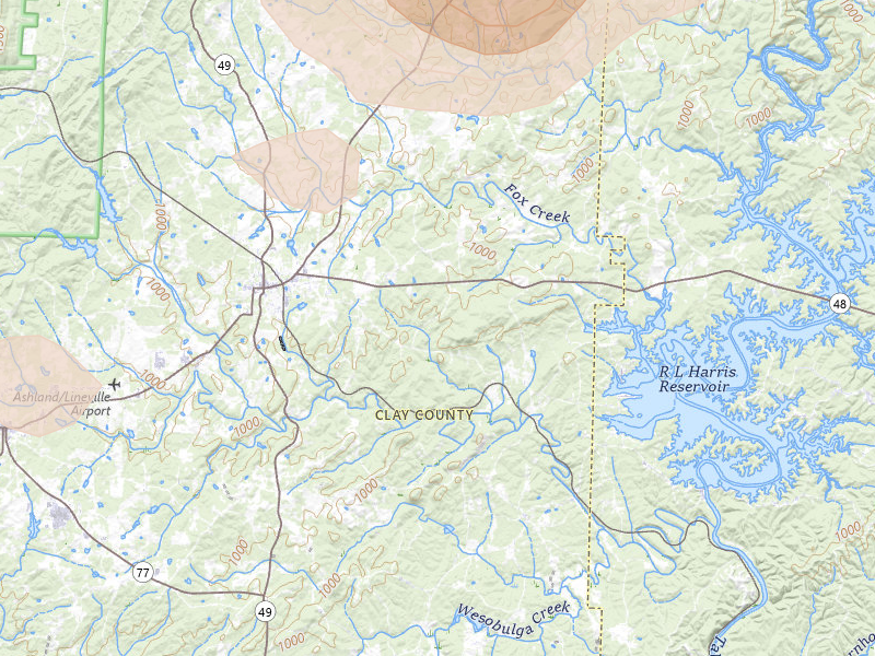 Radar-estimated hail-size map of the storm over Lineville, AL on Jul 1, 2026