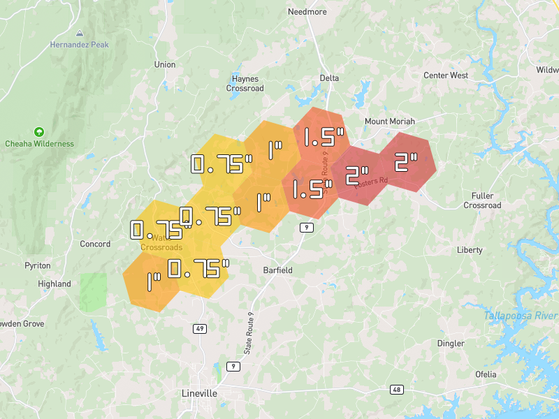 Hail map of Lineville, AL on Jul 1, 2026, hail up to 2"
