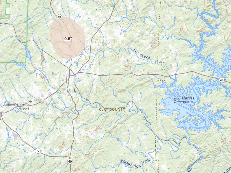 Radar-estimated hail-size map of the storm over Lineville, AL on Jul 5, 2026
