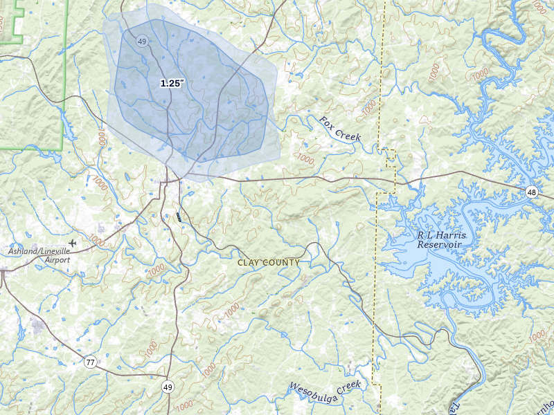 NEXRAD radar-signature map of the hail storm over Lineville, AL on Jul 5, 2026